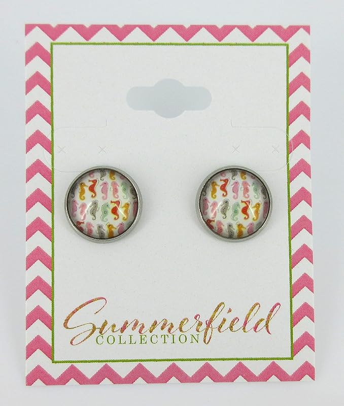 Summerfield Collection Stainless Steel Colorful Seahorse Print Glass Stud Earrings 12mm