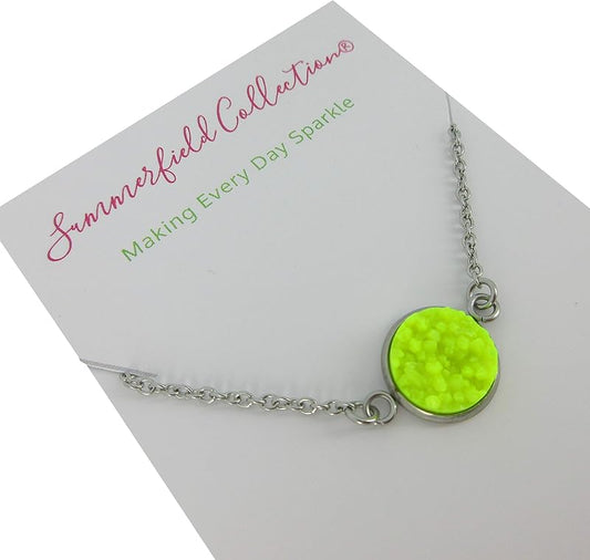 Summerfield Collection Stainless Steel Faux Druzy Stone Pendant Necklace (Neon Yellow)
