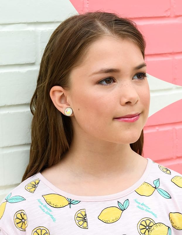Summerfield Collection Stainless Steel Fruit Print Frosted Resin Stud Earrings 12mm (Rainbow Sliced Lemon)