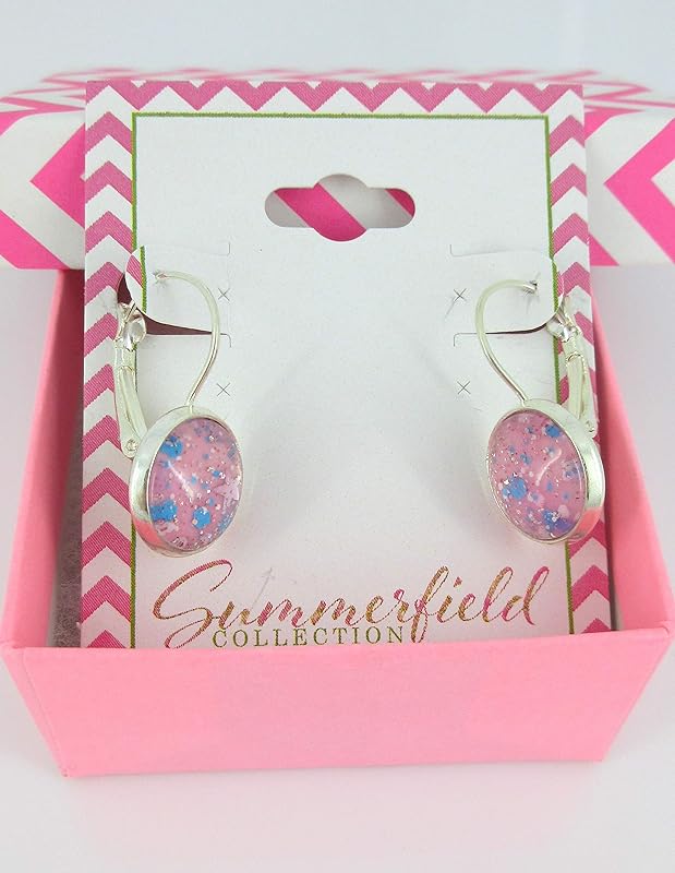 Summerfield Collection Silver-tone Pink Glitter Glass Galaxy Drop Earrings Leverback Hand-painted