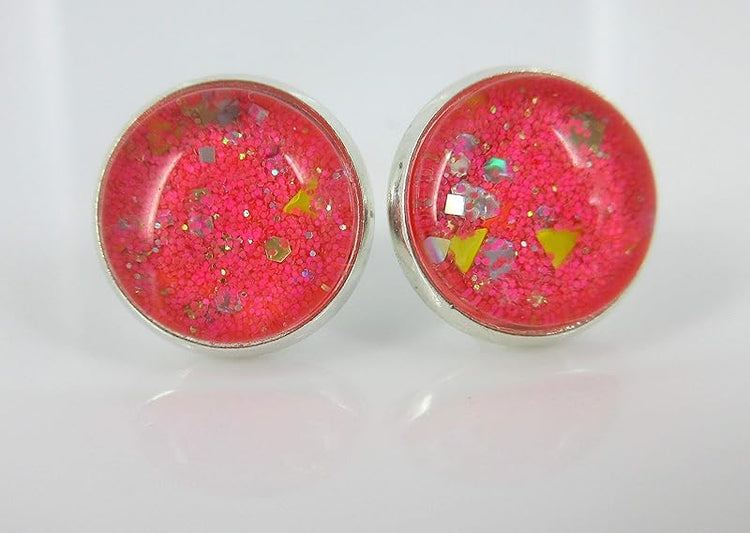 Summerfield Collection Trio Silver-tone Stud Earrings Neon Pink Yellow and Blue Glitter Glass Set 12mm Hand-painted