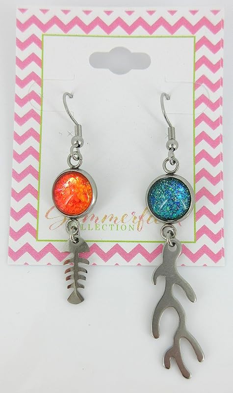 Summerfield Collection Stainless Steel Mismatch Glitter Glass Fish and Coral Charm Dangle Earrings Handpainted Ocean Theme