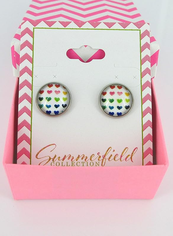Summerfield Collection Stainless Steel Rainbow Multi Heart Print Glass Stud Earrings 12mm White Red
