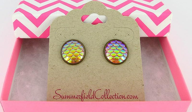 Summerfield Collection Antiqued Gold-tone Metallic Mermaid Scale Stud Earrings 12mm (Orange/Yellow AB)