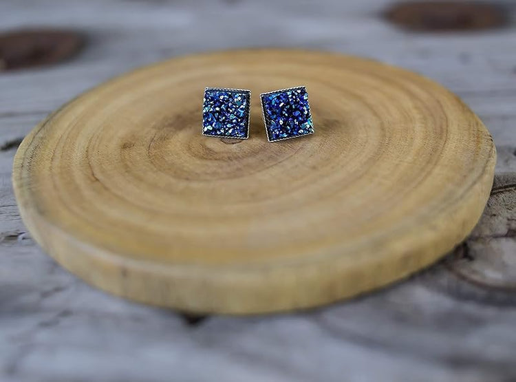 Summerfield Collection Silver-tone Metallic Geometric Square Shaped Chunky Faux Druzy Stud Earrings 12mm Statement (Blue)