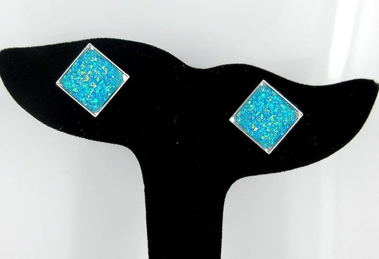 Summerfield Collection Silver-tone Geometric Square Shaped Flat Faux Druzy Stud Earrings 12mm (Aqua Blue)