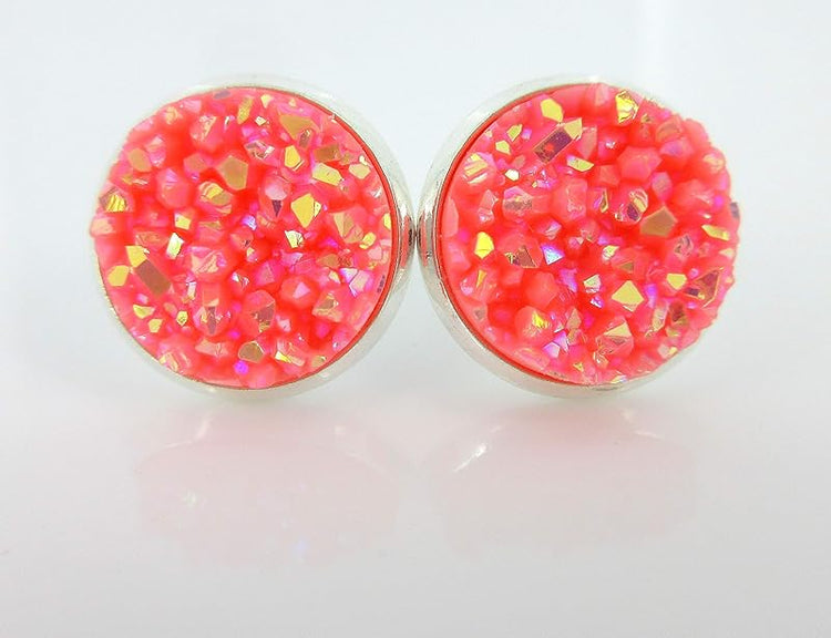 Summerfield Collection Peaches and Green Trio Silver-tone Stud Earrings 12mm Nude Coral AB Faux Druzy Stone Set
