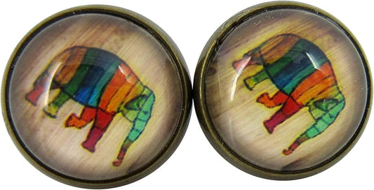 Summerfield Collection Antiqued Gold-tone Rainbow Elephant Print Glass Stud Earrings 12mm