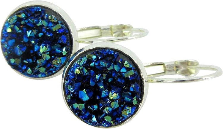 Summerfield Collection Silver-tone Metallic Faux Druzy Stone Lever-back Drop Earrings 12mm (Blue)