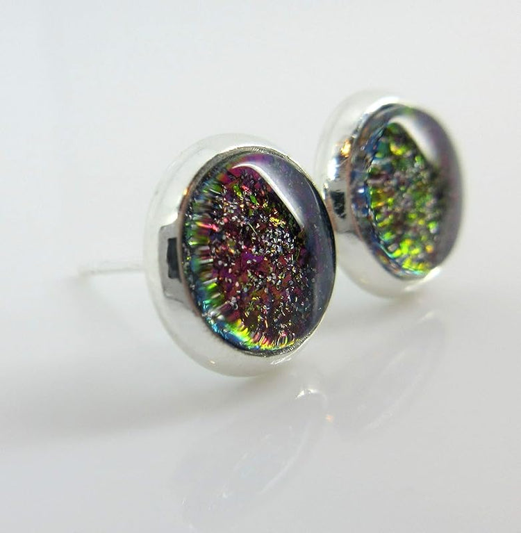 Summerfield Collection Silver-tone Blue Purple Glitter Glass Stud Earrings Hand-painted 8mm