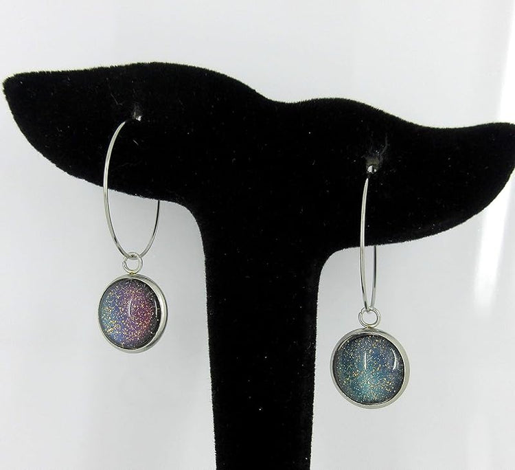 Summerfield Collection Stainless Steel Blue Purple Gray Glitter Glass Charm Hoop Earrings Hand-painted 1"
