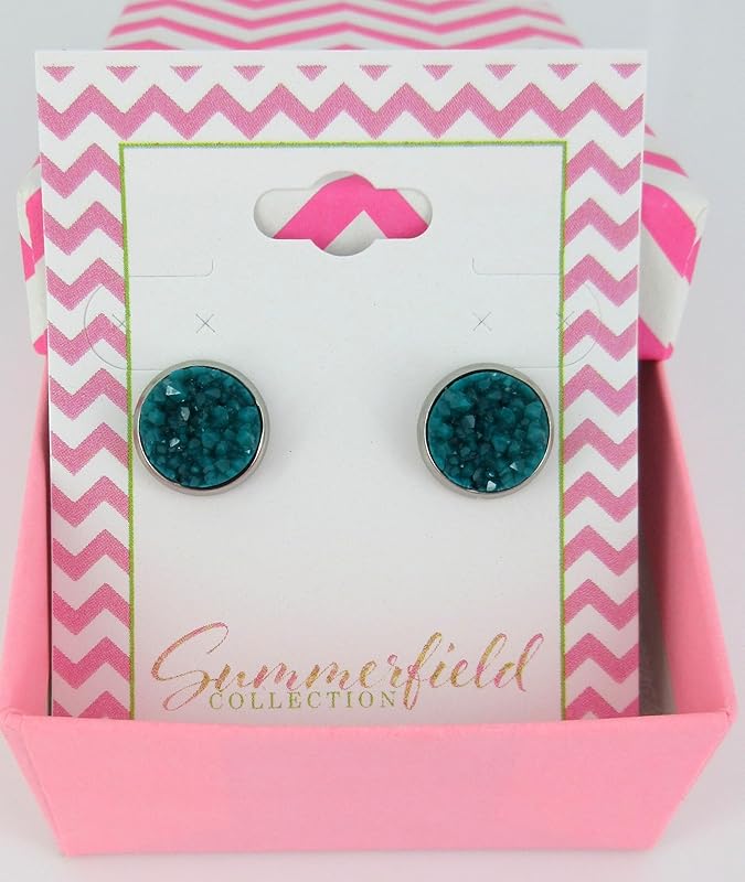 Summerfield Collection Silver-tone Faux Druzy Stone Stud Earrings 10mm (Teal Blue/Green)