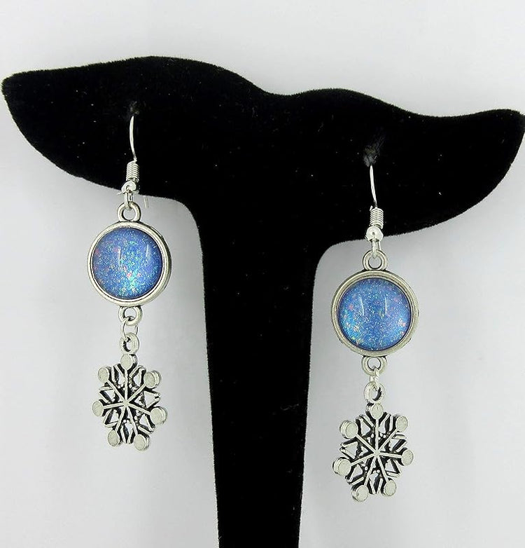 Summerfield Collection Antiqued Silver-tone Blue Purple Glitter Glass Dangle Earrings Snowflake Charm Hand-painted