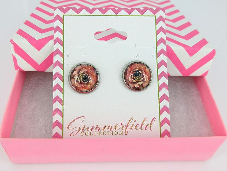 Summerfield Collection Stainless Steel Succulent Plant Print Glass Stud Earrings 12mm (Coral)