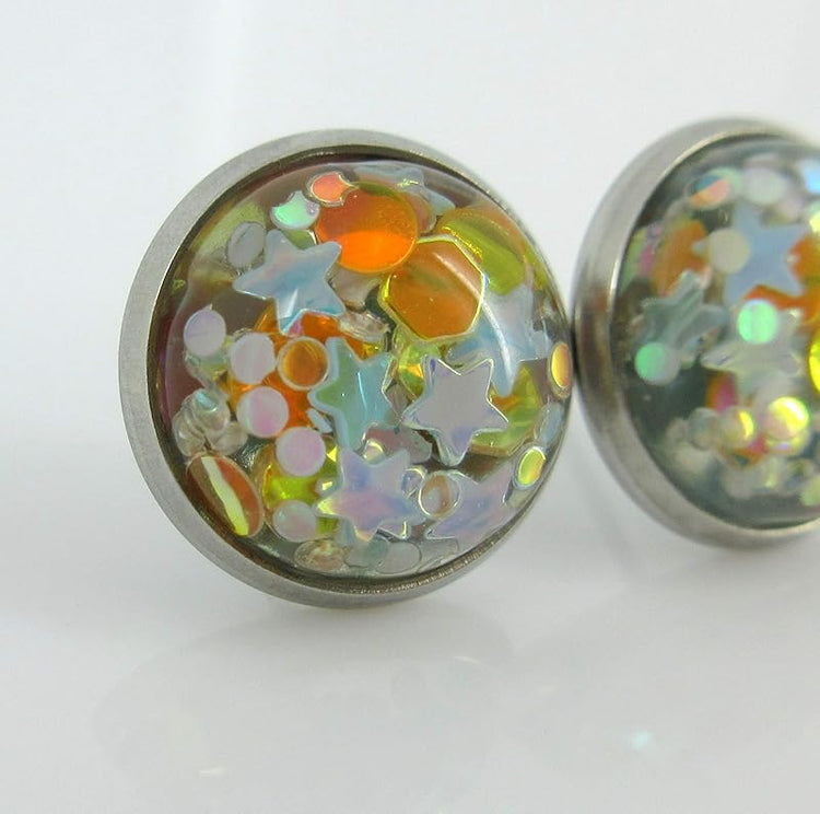 Summerfield Collection Stainless Steel Glitter Resin Globe Stud Earrings 12mm (Goldenrod)