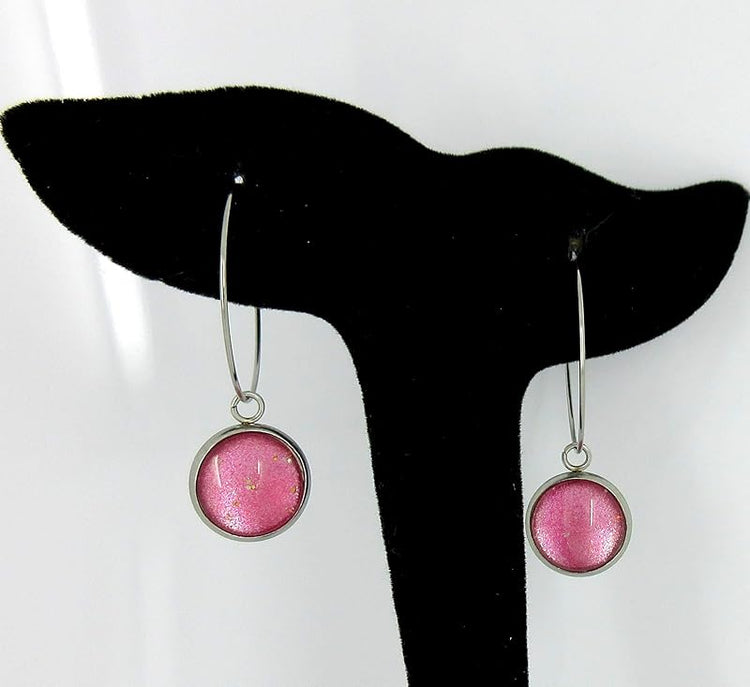 Summerfield Collection Stainless Steel Pink and Silver Glitter Glass Charm Hoop Earrings Hand-painted 1"