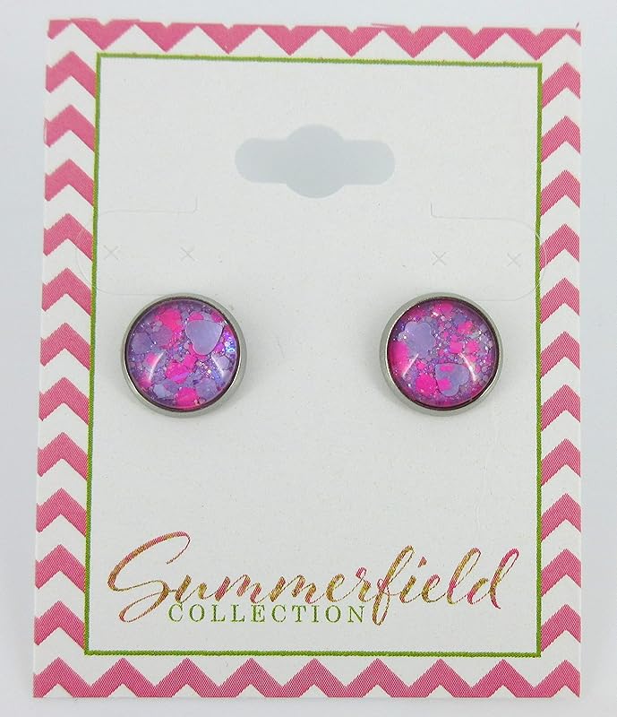 Summerfield Collection Stainless Steel Lavender Purple and Hot Pink Glitter Glass Stud Earrings Hand-painted 10mm