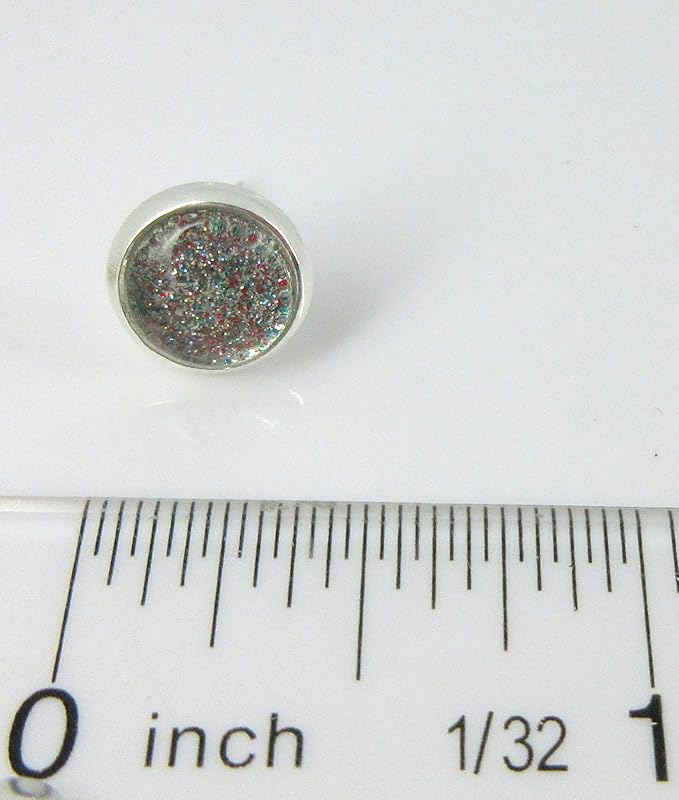 Summerfield Collection Silver-tone Aqua Blue and Red and Holographic Glitter Glass Stud Earrings Hand-painted 8mm