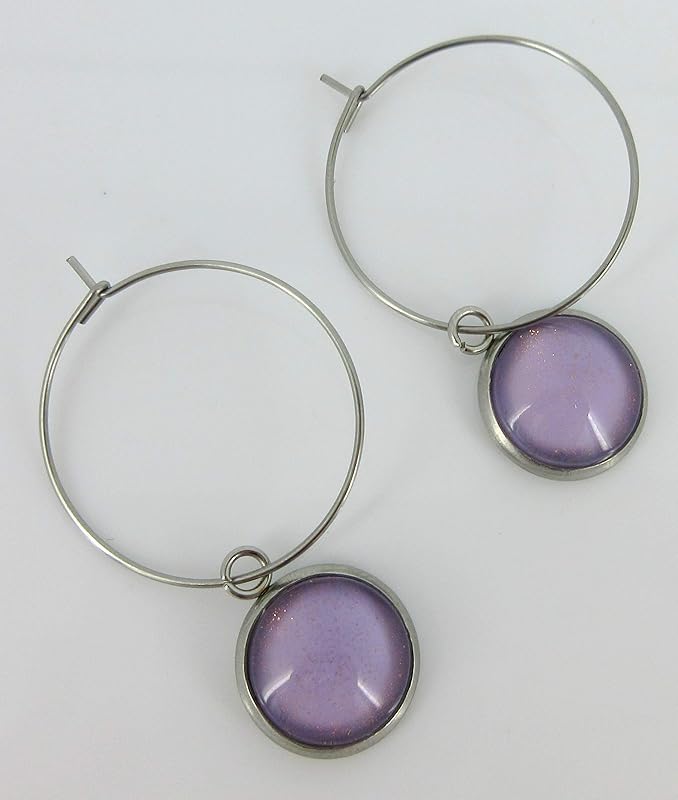 Summerfield Collection Stainless Steel Lavender Purple Glass Charm Hoop Earrings Hand-painted 1"