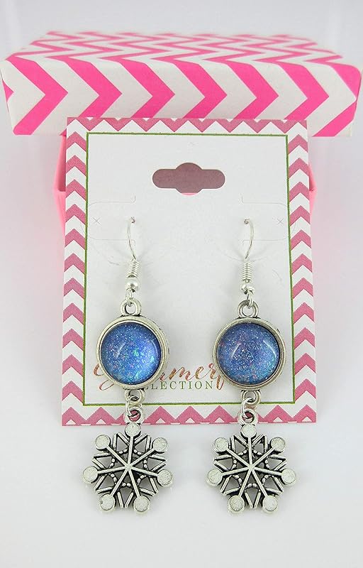 Summerfield Collection Antiqued Silver-tone Blue Purple Glitter Glass Dangle Earrings Snowflake Charm Hand-painted