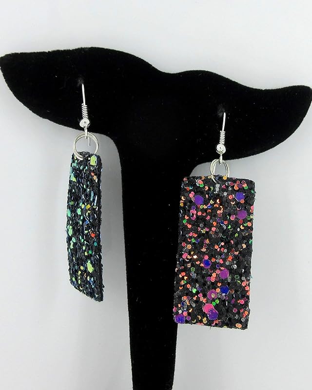 Summerfield Collection Silver-tone Glitter Faux Leather Large Rectangle Dangle Earrings (Black and Rainbow)