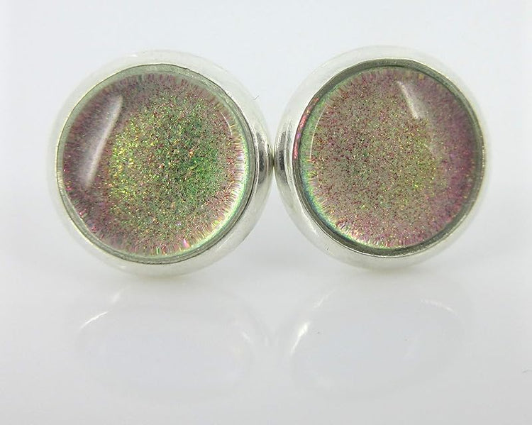 Summerfield Collection Silver-tone Pink to Green Color Shift Glitter Glass Stud Earrings Hand-painted 8mm