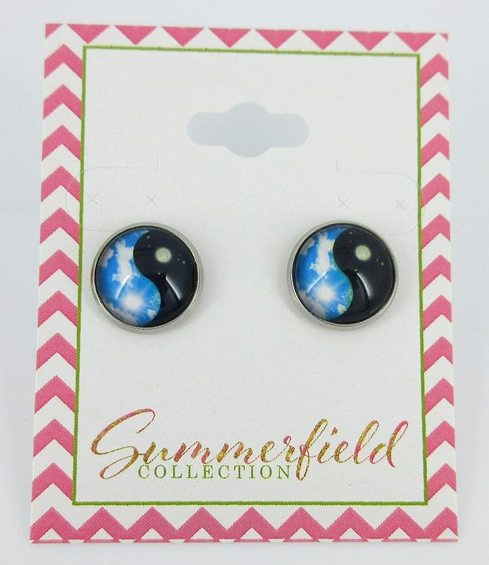 Summerfield Collection Stainless Steel Sky Blue and Black Day Night Yin Yang Print Glass Stud Earrings 12mm