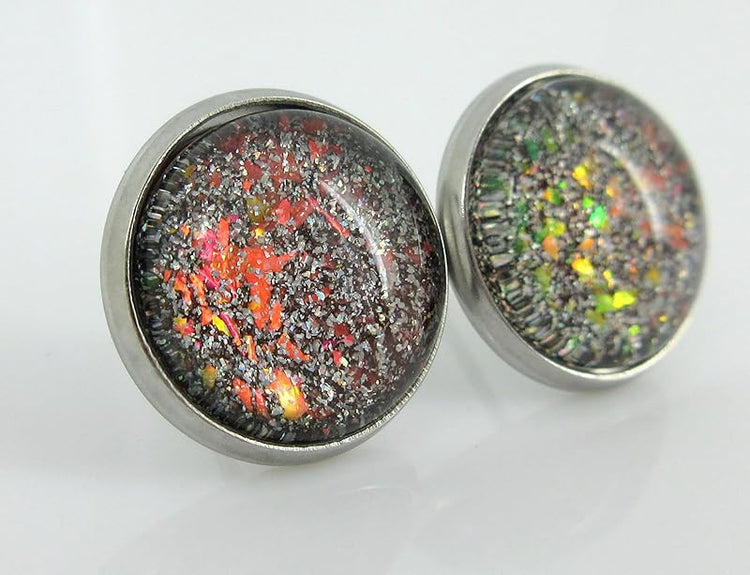 Summerfield Collection Stainless Steel Black with Holographic and Red Glitter Flakes Glass Stud Earrings Hand-painted 12mm