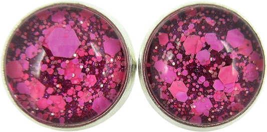 Summerfield Collection Silver-tone Raspberry and Hot Pink Glitter Glass Stud Earrings Hand-painted 12mm