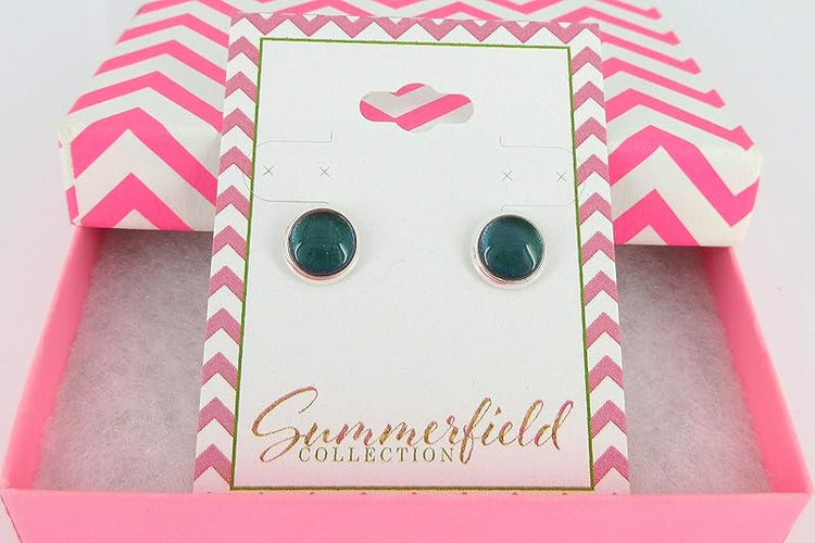 Summerfield Collection Silver-tone Dark Green Blue Color Shift Glitter Glass Stud Earrings Hand-painted 8mm