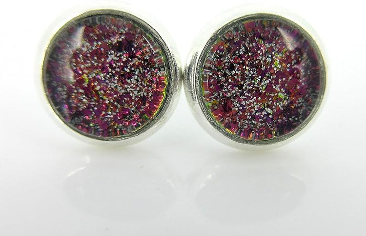 Summerfield Collection Silver-tone Pink Green Gold Purple Glitter Glass Stud Earrings Hand-painted 8mm