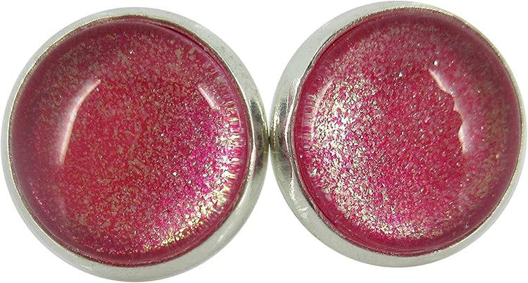 Summerfield Collection Silver-tone Pink and Gold Shimmer Glitter Glass Stud Earrings Hand-painted 12mm