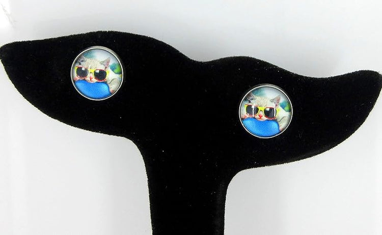 Summerfield Collection Stainless Steel Cat Lover Printed Glass Stud Earrings 12mm (Cool Cat)