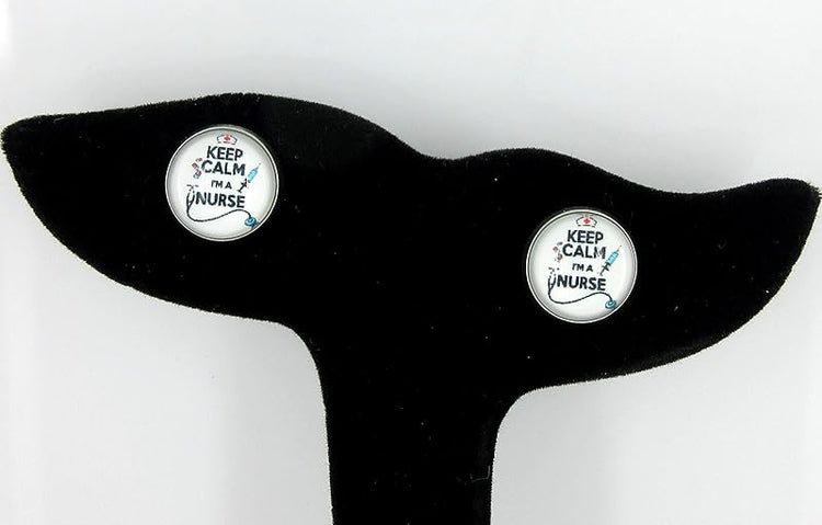 Summerfield Collection Stainless Steel Keep Calm I'm a Nurse Print Glass Stud Earrings 12mm White Black Red
