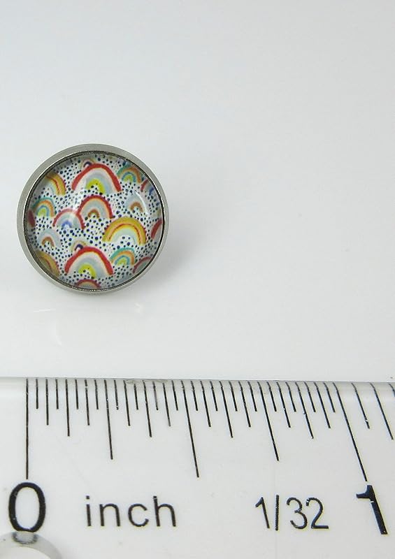 Summerfield Collection Stainless Steel Yellow Blue Vintage Rainbows Print Glass Stud Earrings 12mm Dots