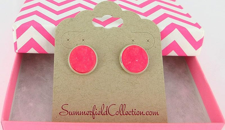 Summerfield Collection Silver-tone Faux Druzy Stone Stud Earrings 12mm (Neon Pink)