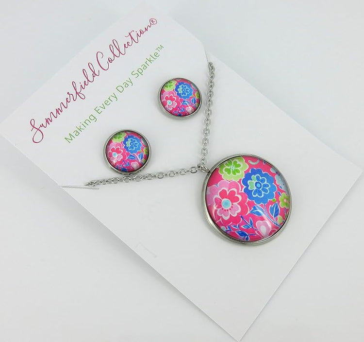 Summerfield Collection Stainless Steel Floral Printed Glass Necklace Stud Earrings Set (Pink)