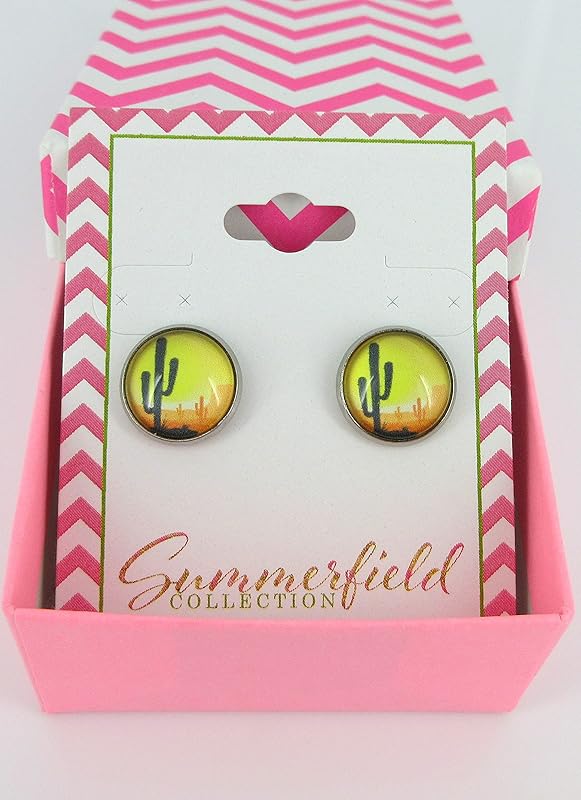 Summerfield Collection Stainless Steel Vintage Desert Cactus Print Glass Stud Earrings 12mm