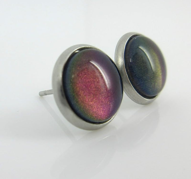 Summerfield Collection Stainless Steel Dark Blue Teal Purple Glass Stud Earrings Hand-painted 10mm