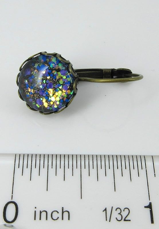 Summerfield Collection Antiqued Gold-tone Purple Blue Green Iridescent Glitter Glass Lever-back Earrings Hand-painted