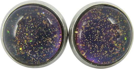 Summerfield Collection Stainless Steel Blue Purple Gray Glitter Glass Stud Earrings Hand-painted 10mm