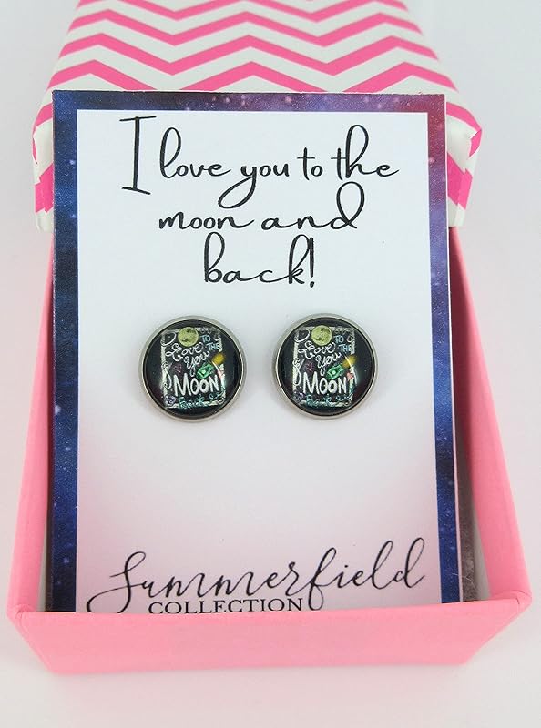 Summerfield Collection Stainless Steel I Love You to the Moon and Back Print Glass Stud Earrings 12mm (Chalk Board)