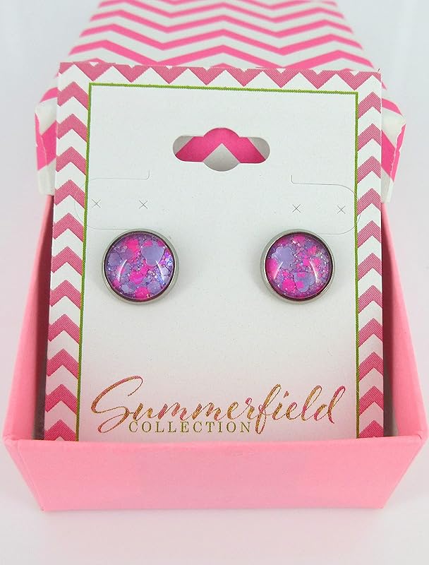 Summerfield Collection Stainless Steel Lavender Purple and Hot Pink Glitter Glass Stud Earrings Hand-painted 10mm