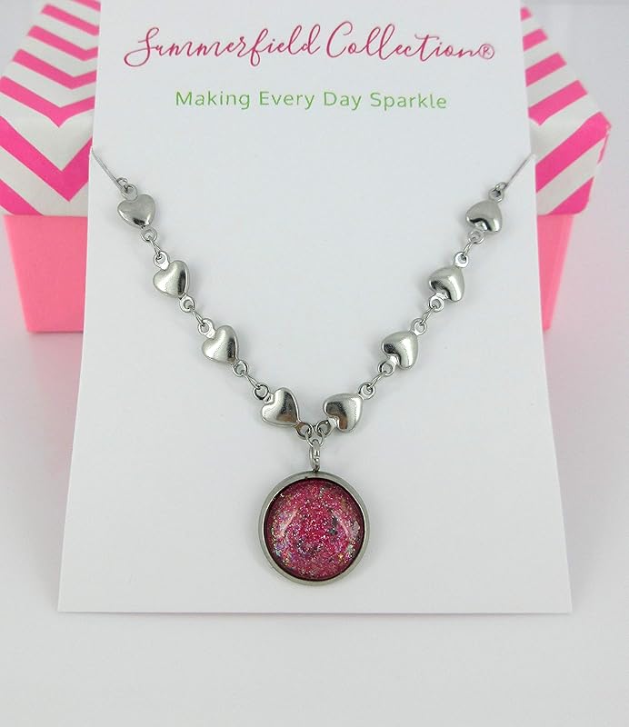 Summerfield Collection Stainless Steel Heart Chain and Pink Glitter Glass Pendant Necklace