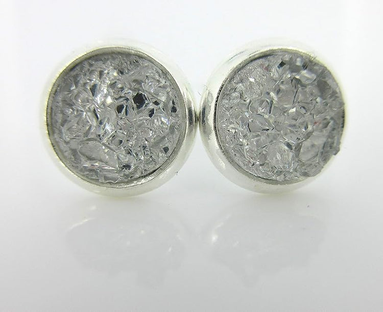 Summerfield Collection Duo Silver-tone Faux Druzy Stone Stud Earrings 8mm Set (Clear/Light Brown)