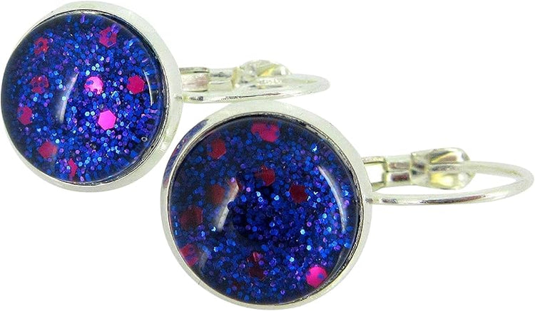 Summerfield Collection Silver-tone Blue Purple and Pink Glitter Glass Lever-back Drop Earrings Hand-painted