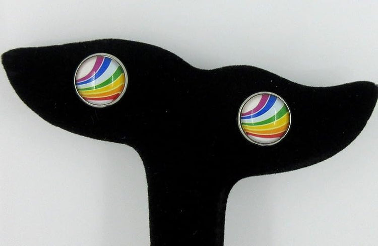 Summerfield Collection Stainless Steel Vintage Rainbow Stripe Print Glass Stud Earrings 12mm