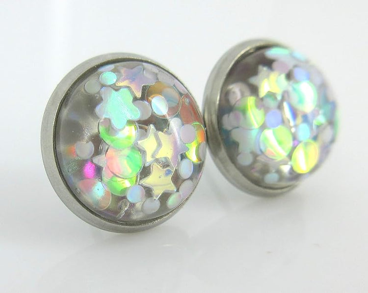 Summerfield Collection Stainless Steel Glitter Resin Globe Stud Earrings 12mm (White)
