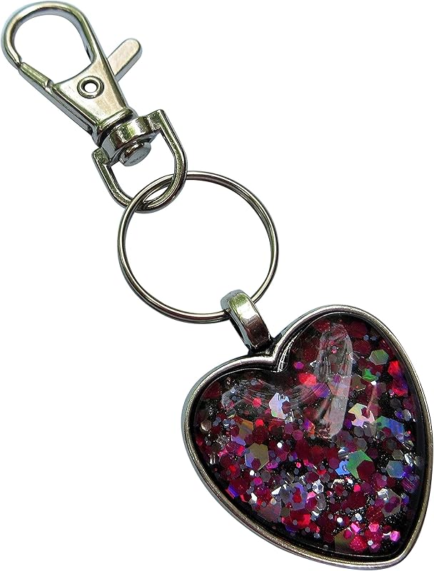Summerfield Collection Antiqued Silver-tone Pink and Black Glitter Glass Heart Keychain Hand-painted