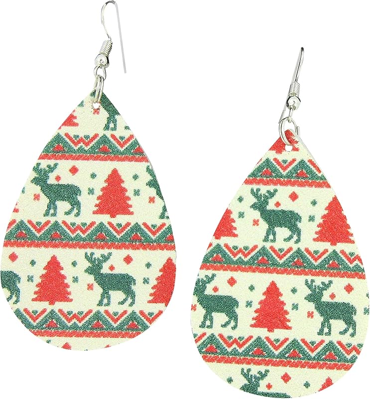 Summerfield Collection White Red Green Christmas Print Faux Leather Large Teardrop Dangle Earrings